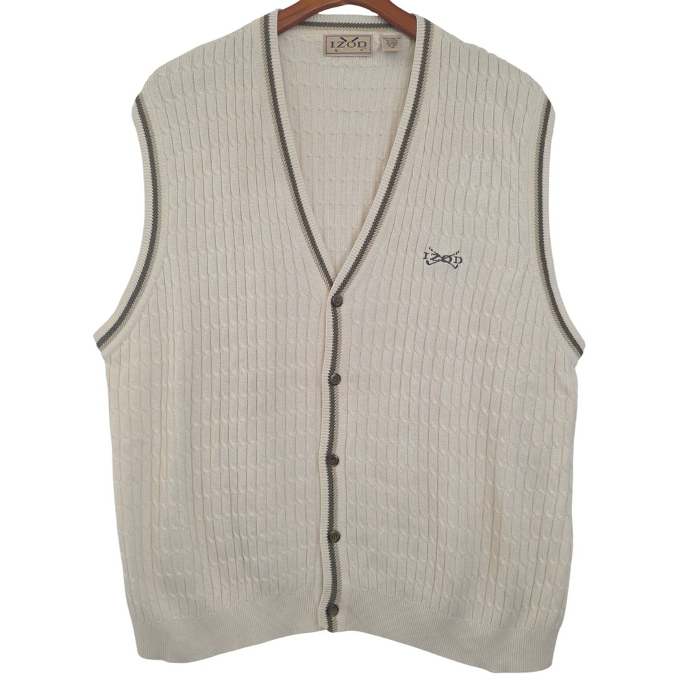 VTG Izod Golf Mens XL Cream Cable Knit Sweater Vest Cardigan V-Neck Old Money